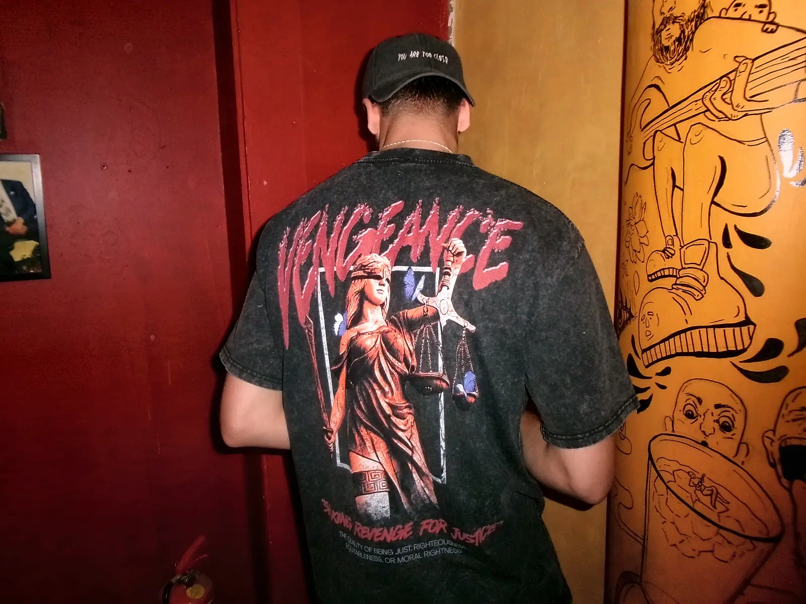 VENGEANCE Washed Tee: Back print, acid-washed charcoal